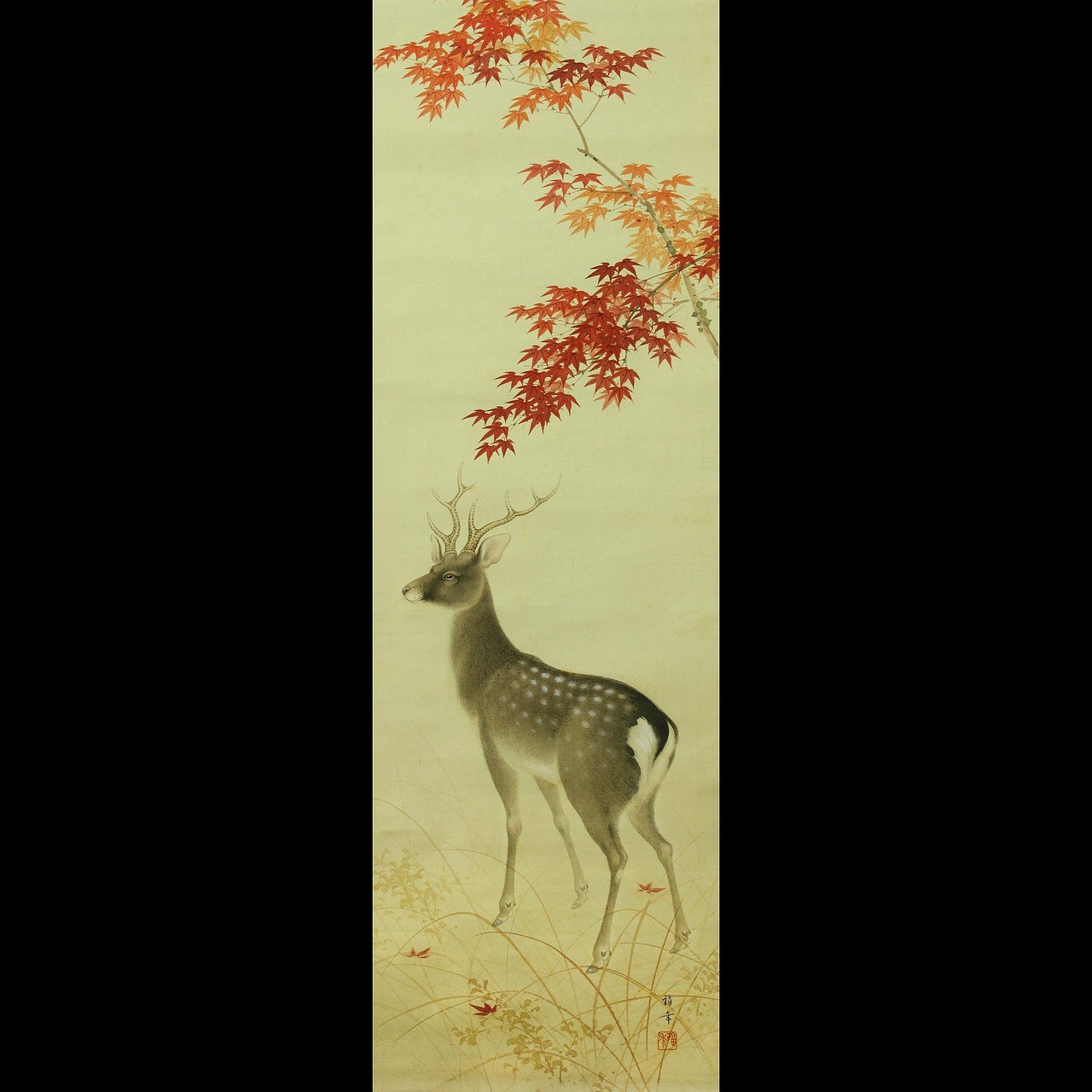 鹿の絵が描かれた古い日本の巻物